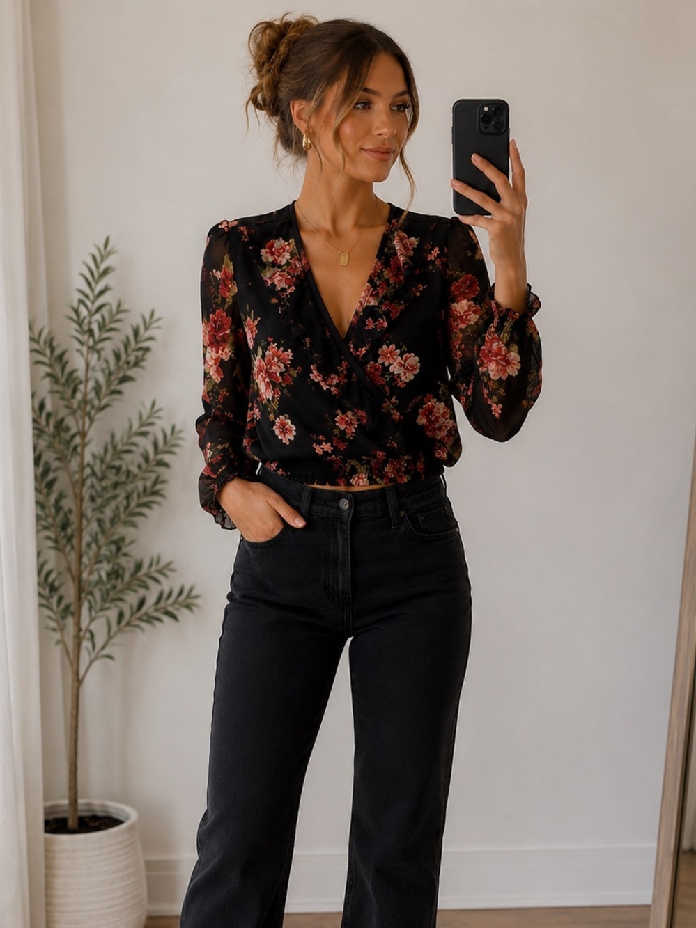 Altar'd State Floral Wrap Blouse - Black and Red